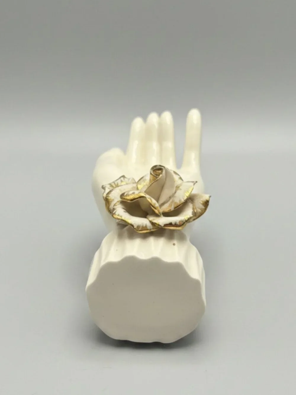 Vintage Mid-Century Porcelain Hand Jewelry Holder Ring Tree Vase Rose Gold Gilt